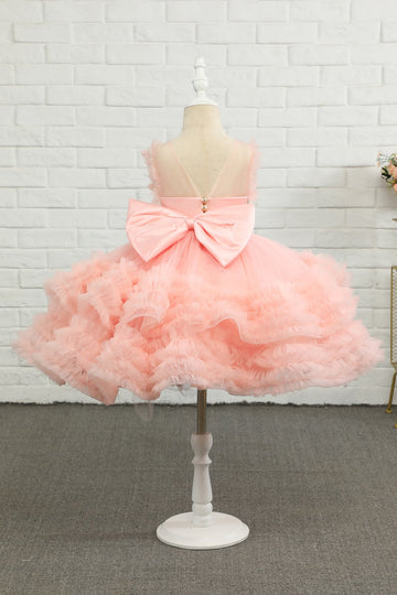 Pink Beading Tulle Blomst Pige Kjole med Bue